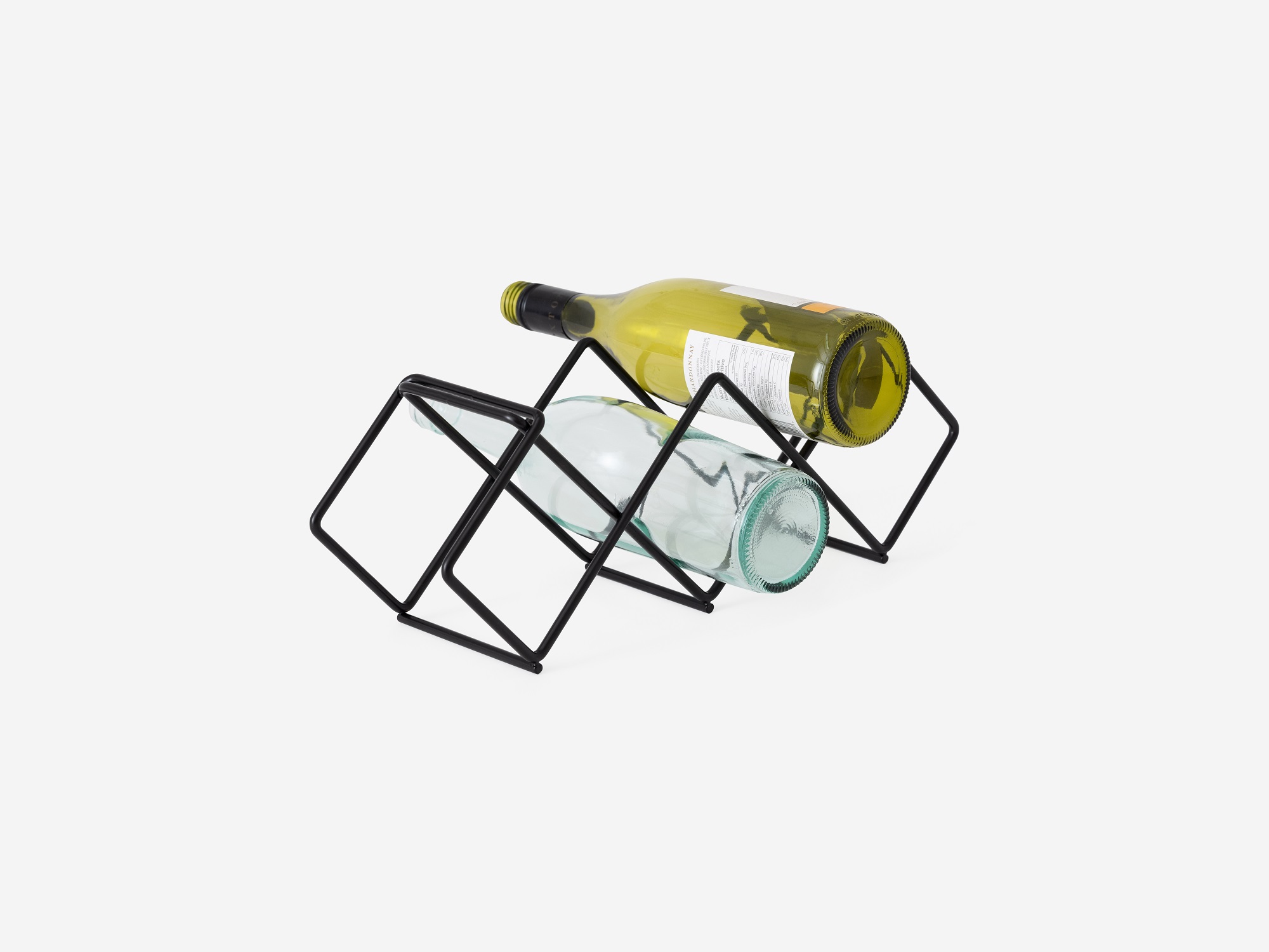 Front angle view of single modular black wire wine rack with bottles